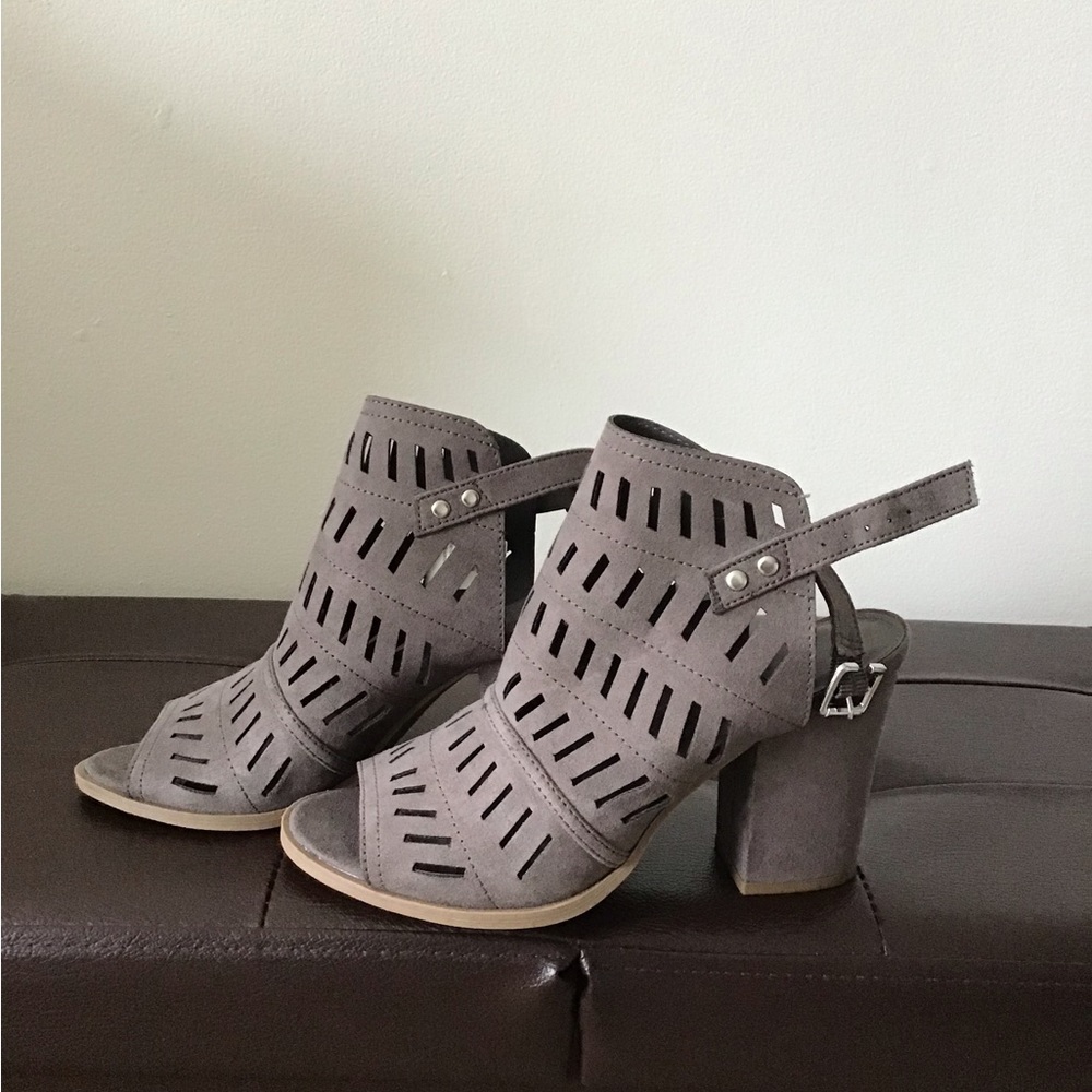 Gray block heel sandals